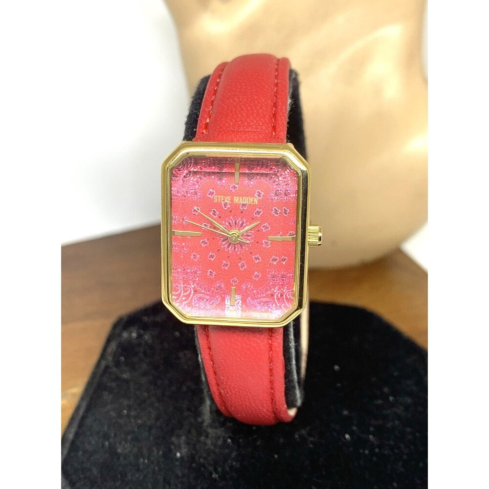 Steve Madden Women's Watch SM/1030 Quartz Rectangle Gold Red Dial Leather Band